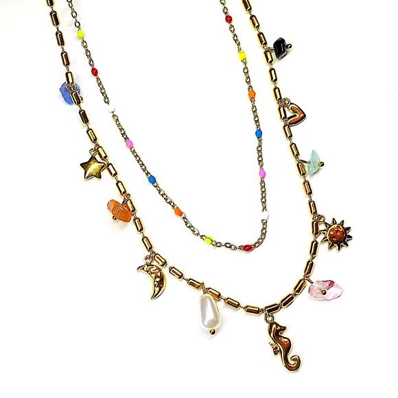 NEW Gold Sea Glass & Enamel Charm Double Strand Necklace - Picture 4 of 10